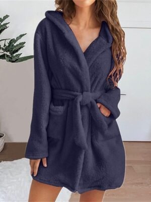 Casual Loose Pure Colour Hoodie Long Sleeve Warm Robe - Image 9