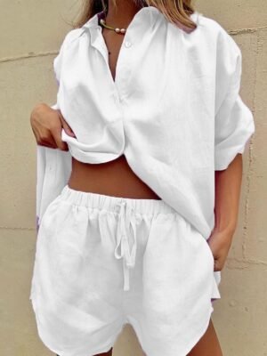 Casual Loose Pure Colour Lapel Short Sleeve Pajama Set - Image 1