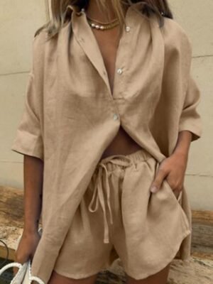 Casual Loose Pure Colour Lapel Short Sleeve Pajama Set - Image 5
