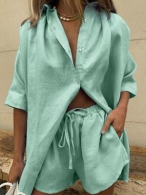 Casual Loose Pure Colour Lapel Short Sleeve Pajama Set - Image 6