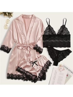 Casual Loose Pure Colour V Wire Long Sleeve Shorts Pajama Set - Image 1