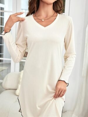 Casual Loose Pure Colour V Wire Long Sleeve Midi Dress - Image 3