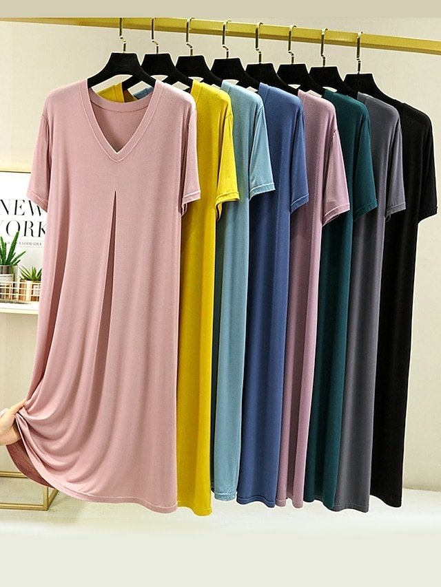 Casual Loose Pure Colour V Wire Short Sleeve Nightgown - Image 1