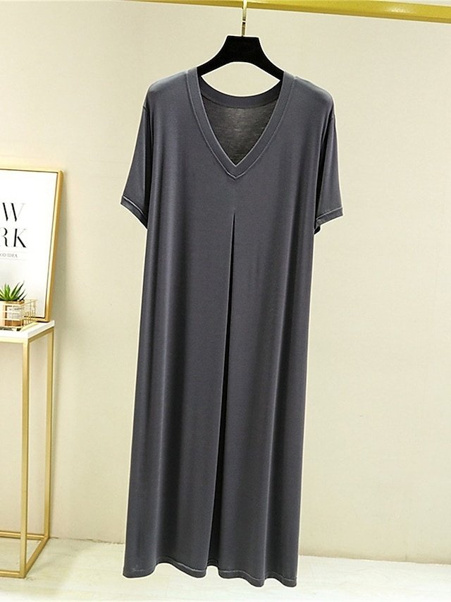 Casual Loose Pure Colour V Wire Short Sleeve Nightgown - Image 2