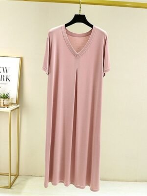 Casual Loose Pure Colour V Wire Short Sleeve Nightgown - Image 4