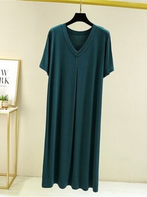 Casual Loose Pure Colour V Wire Short Sleeve Nightgown - Image 7