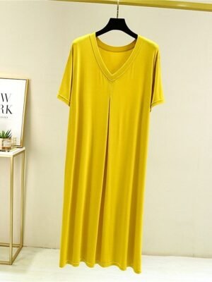 Casual Loose Pure Colour V Wire Short Sleeve Nightgown - Image 9