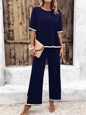 Casual Loose Pure Crew Neck Short Sleeve Summer T-shirt and Pant Set - Image 19