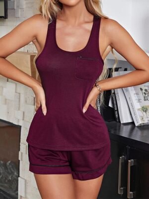 Casual Loose Pure Sleeveless Tank Backless Pocket Loungewear Set - Image 16