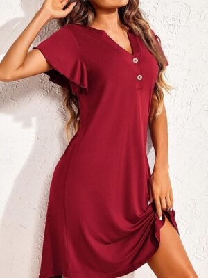 Casual Loose Pure V Wire Short Sleeve Midi Nightgown - Image 8