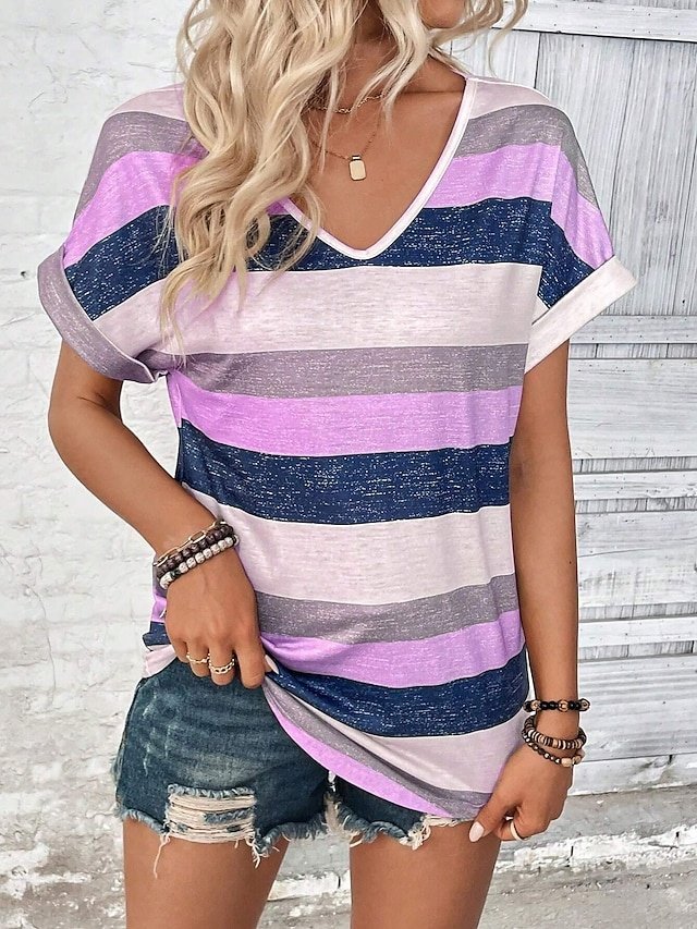 Casual Loose Striped V Neck Short Sleeve Summer Tee - Image 2