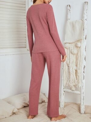 Casual Loose Waffle Knit V Wire Short Sleeve Loungewear Set - Image 3