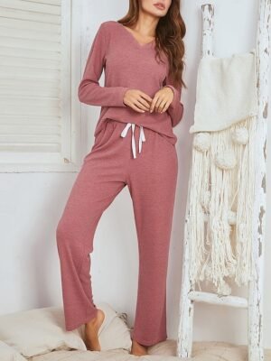Casual Loose Waffle Knit V Wire Short Sleeve Loungewear Set - Image 4