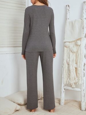 Casual Loose Waffle Knit V Wire Short Sleeve Loungewear Set - Image 6