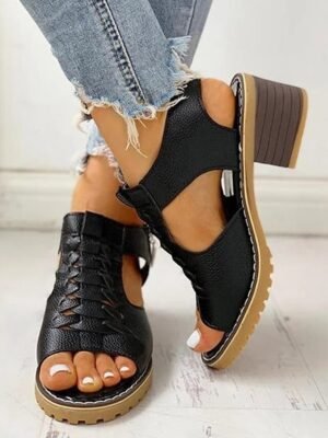 Casual Low Heel Solid Peep Toe PU Leather Sandals - Image 1