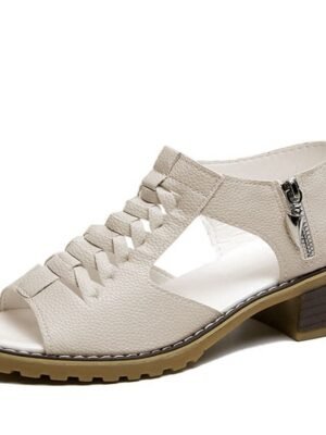 Casual Low Heel Solid Peep Toe PU Leather Sandals - Image 2