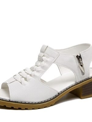 Casual Low Heel Solid Peep Toe PU Leather Sandals - Image 3