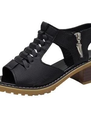 Casual Low Heel Solid Peep Toe PU Leather Sandals - Image 4
