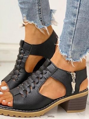 Casual Low Heel Solid Peep Toe PU Leather Sandals - Image 5