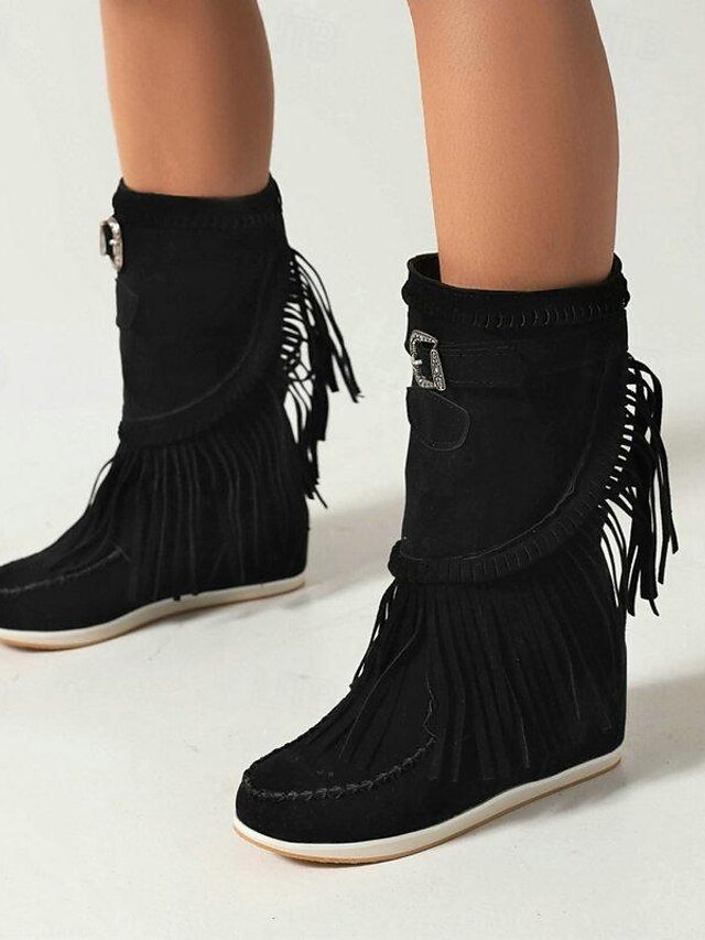 Casual Mid-Calf Fringe Moccasin Faux Suede Boots - Image 4