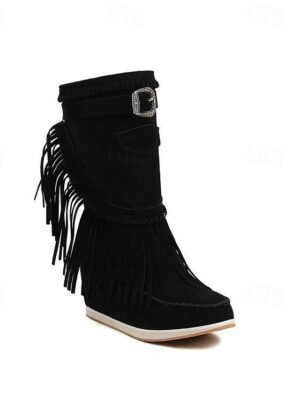 Casual Mid-Calf Fringe Moccasin Faux Suede Boots - Image 6