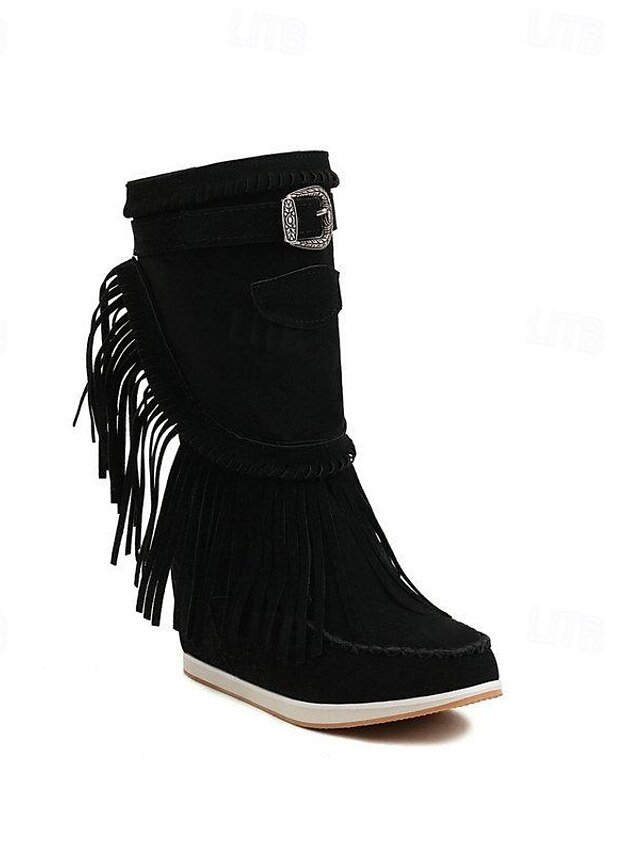 Casual Mid-Calf Fringe Moccasin Faux Suede Boots - Image 6