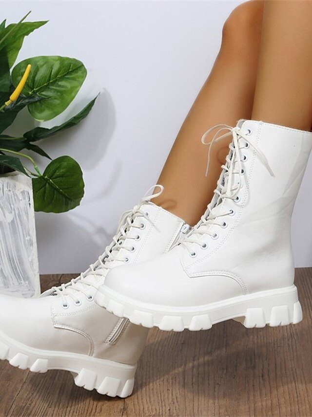 Casual Mid-Calf Lace-Up White Chunky Lug Sole Combat Boots - Image 1