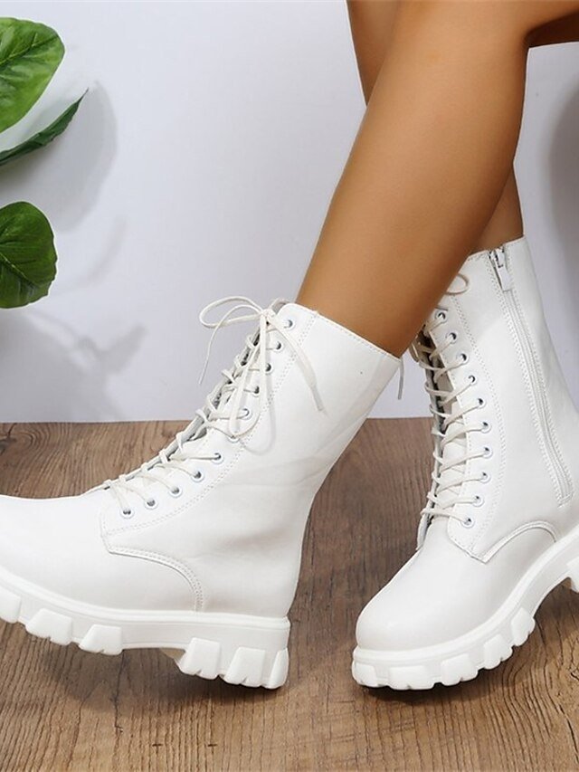 Casual Mid-Calf Lace-Up White Chunky Lug Sole Combat Boots - Image 2