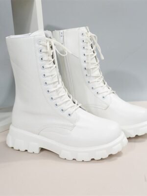 Casual Mid-Calf Lace-Up White Chunky Lug Sole Combat Boots - Image 3