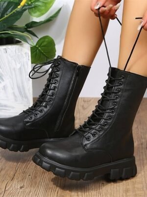 Casual Mid-Calf Lace-Up White Chunky Lug Sole Combat Boots - Image 4