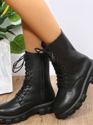 Casual Mid-Calf Lace-Up White Chunky Lug Sole Combat Boots - Image 5