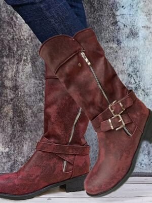 Casual Mid-Calf Red Faux Leather Biker Boots - Image 1