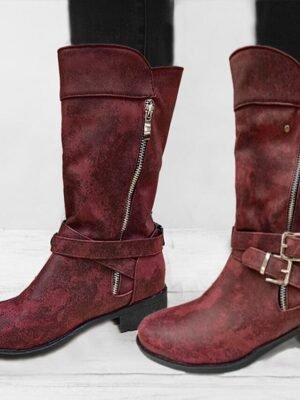 Casual Mid-Calf Red Faux Leather Biker Boots - Image 3