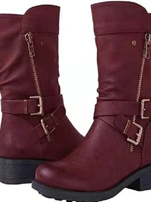 Casual Mid-Calf Red Faux Leather Biker Boots - Image 6