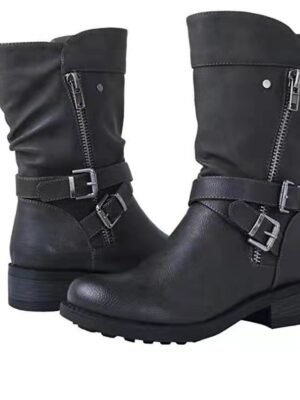 Casual Mid-Calf Red Faux Leather Biker Boots - Image 7