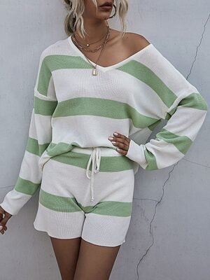 Casual Off-Shoulder Striped Long Sleeve Two Piece Set - Image 1