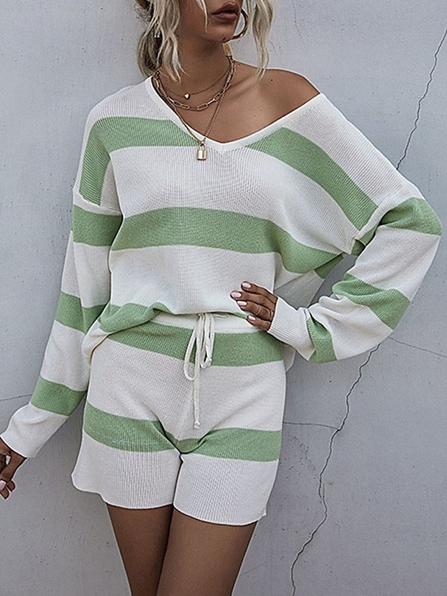 Casual Off-Shoulder Striped Long Sleeve Two Piece Set - Image 1