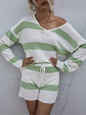 Casual Off-Shoulder Striped Long Sleeve Two Piece Set - Image 4