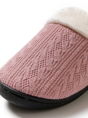 Casual Pink Knit Fleece-Lined Non-Slip Sole Slippers - Image 3
