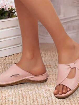 Casual Pink Open-Toe Bow Slip-On Flats - Image 1