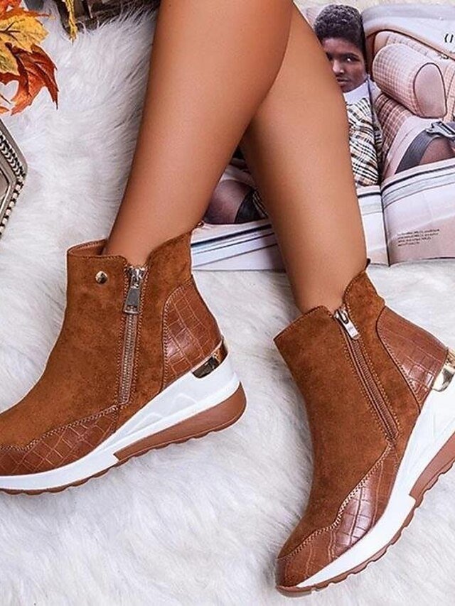 Casual Platform Croc-Embossed Side Zipper Wedge Sneakers - Image 2