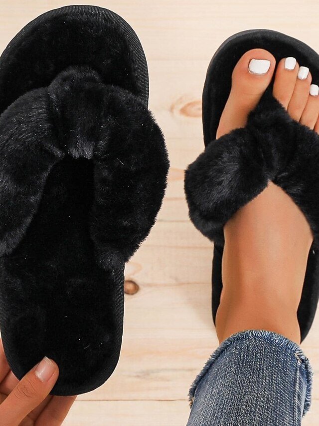Casual Plush Fuzzy Open Toe Flat Slippers - Image 1