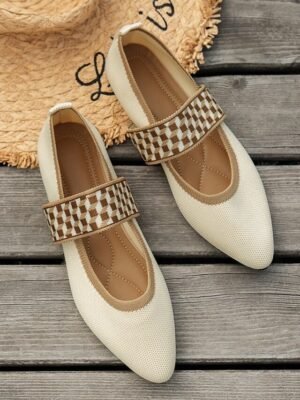 Casual Pointed Toe Geometric Strap Black Knit Flats - Image 6