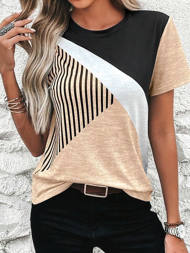 Casual Regular Colour Block Round Neck Short Sleeve Summer Top - Image 1