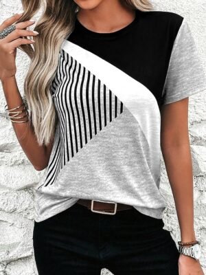 Casual Regular Colour Block Round Neck Short Sleeve Summer Top - Image 7