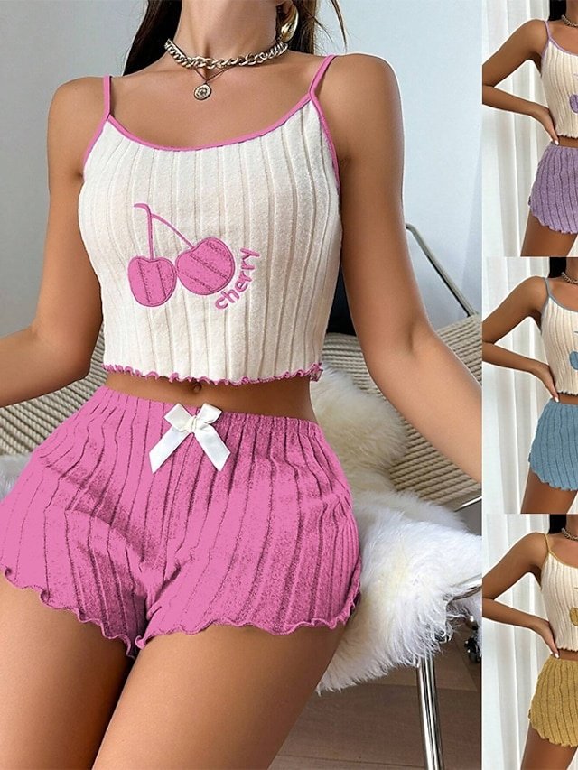 Casual Regular Fit Cherry Strap Sleeveless Summer Pajama Set - Image 1