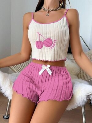 Casual Regular Fit Cherry Strap Sleeveless Summer Pajama Set - Image 2