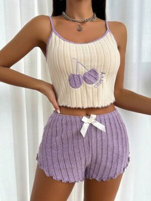 Casual Regular Fit Cherry Strap Sleeveless Summer Pajama Set - Image 5