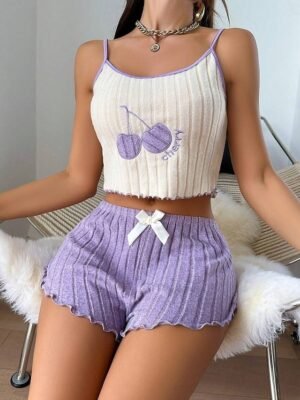 Casual Regular Fit Cherry Strap Sleeveless Summer Pajama Set - Image 7
