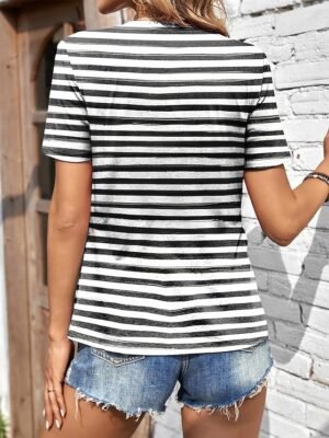 Casual Regular Fit Daisy Floral Stripe Print Round Neck Short Sleeve Summer Top - Image 3